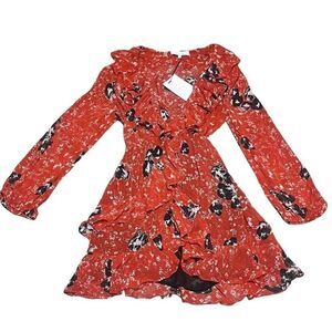 NWT women’s IRO X REVOLVE villa red & black ruffle long sleeve wrap floral dress